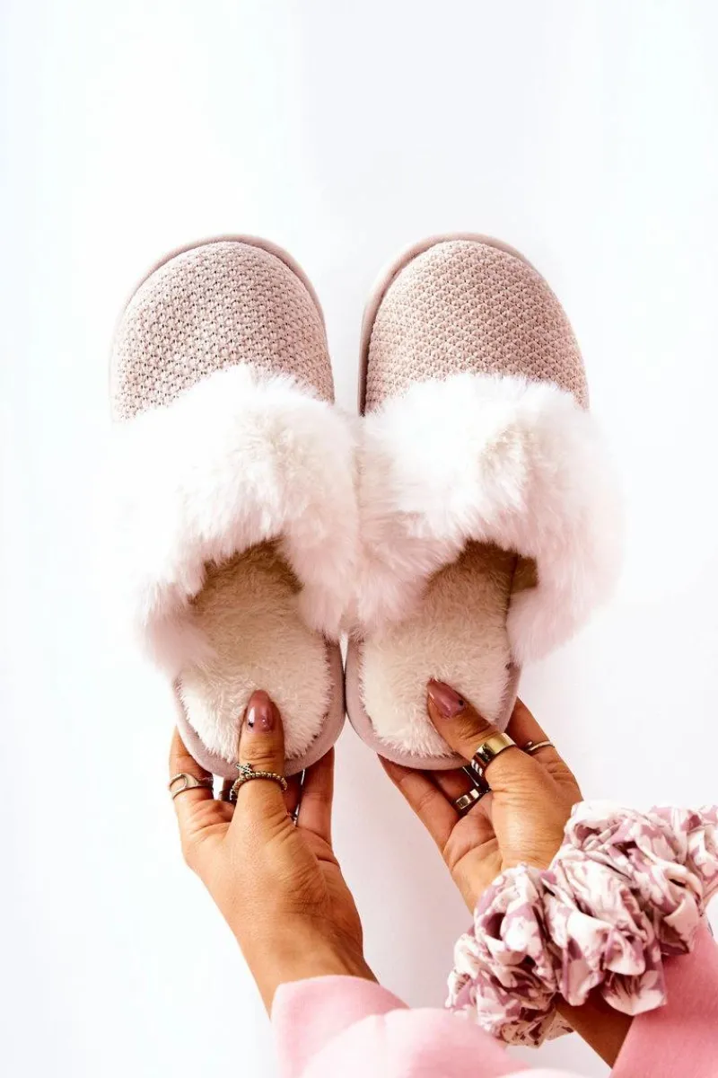 Clearance Papcie Ocieplane Z Futerkiem Beżowe Flamarin Damskie Kapcie Klasyczne