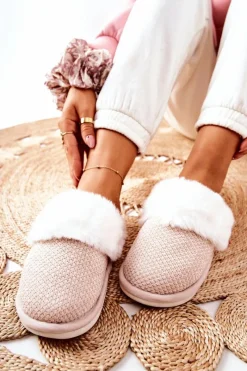 Clearance Papcie Ocieplane Z Futerkiem Beżowe Flamarin Damskie Kapcie Klasyczne