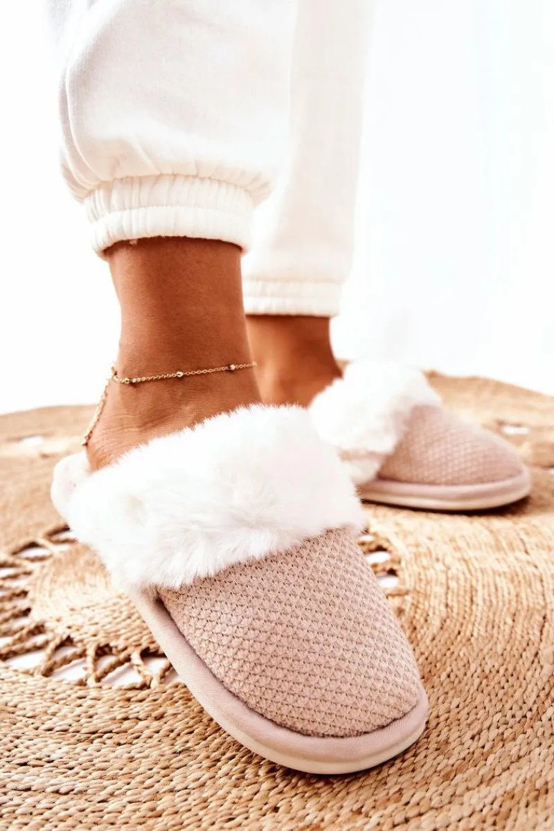 Clearance Papcie Ocieplane Z Futerkiem Beżowe Flamarin Damskie Kapcie Klasyczne