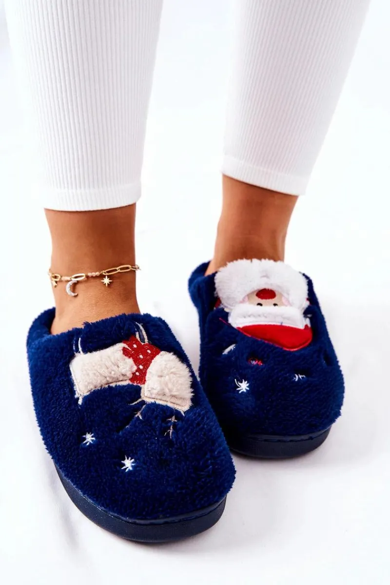 New Papcie Świąteczne Mikołaj I Renifer Granatowe Damskie Kapcie Klasyczne