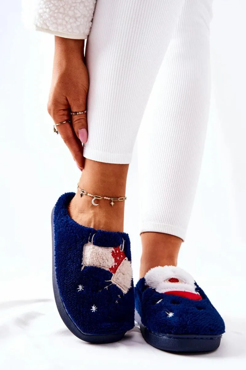 New Papcie Świąteczne Mikołaj I Renifer Granatowe Damskie Kapcie Klasyczne