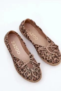 Zazoo Płaskie Baleriny Z Naturalnej Skóry Panterka 10179 Brązowe Brązowy