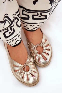 Clearance Płaskie Baleriny Z Naturalnej Skóry 10179 Złote Damskie Baleriny Skórzane|Baleriny Klasyczne