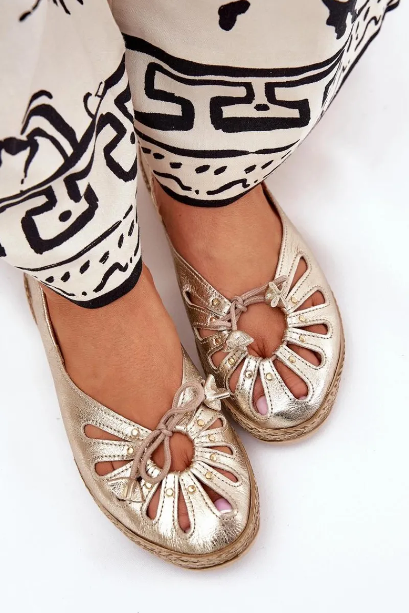 Clearance Płaskie Baleriny Z Naturalnej Skóry 10179 Złote Damskie Baleriny Skórzane|Baleriny Klasyczne