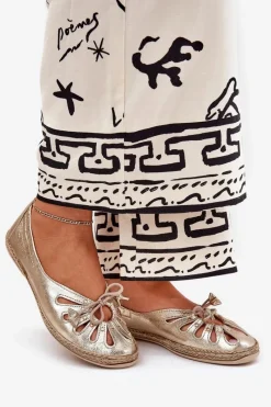 Clearance Płaskie Baleriny Z Naturalnej Skóry 10179 Złote Damskie Baleriny Skórzane|Baleriny Klasyczne