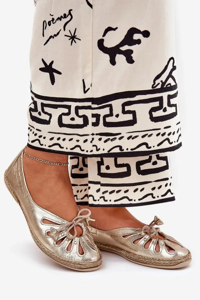 Clearance Płaskie Baleriny Z Naturalnej Skóry 10179 Złote Damskie Baleriny Skórzane|Baleriny Klasyczne