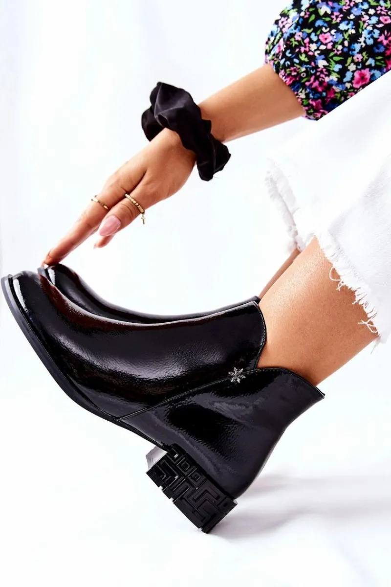 Płaskie Botki Ocieplane Lakierowane Sergio Leone BT540 Czarne Damskie Czarne Botki|Botki Zimowe Damskie