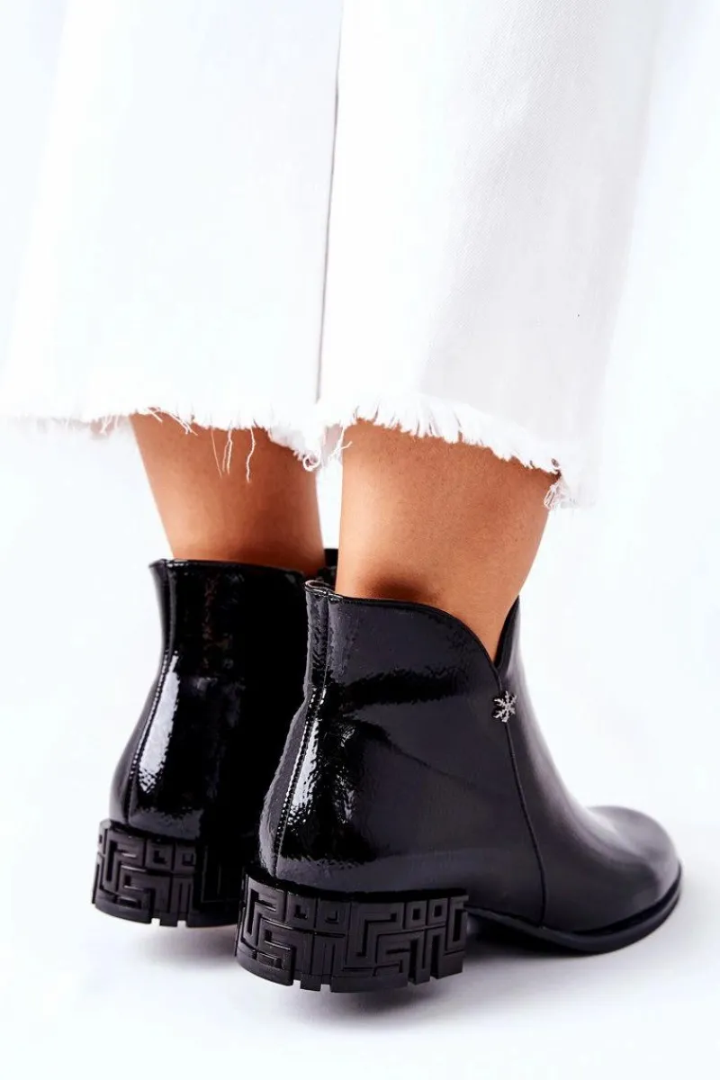 Płaskie Botki Ocieplane Lakierowane Sergio Leone BT540 Czarne Damskie Czarne Botki|Botki Zimowe Damskie