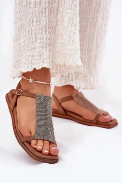Outlet Artiker Płaskie Eleganckie Sandały Damskie Z Kryształkami 56C1365 Brązowe Brązowy