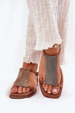 Outlet Artiker Płaskie Eleganckie Sandały Damskie Z Kryształkami 56C1365 Brązowe Brązowy