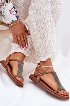 Outlet Artiker Płaskie Eleganckie Sandały Damskie Z Kryształkami 56C1365 Brązowe Brązowy