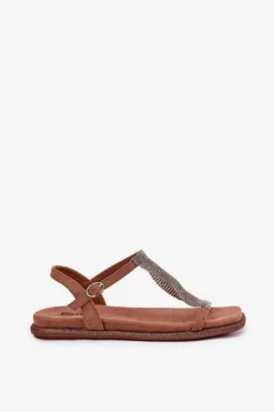 Outlet Artiker Płaskie Eleganckie Sandały Damskie Z Kryształkami 56C1365 Brązowe Brązowy