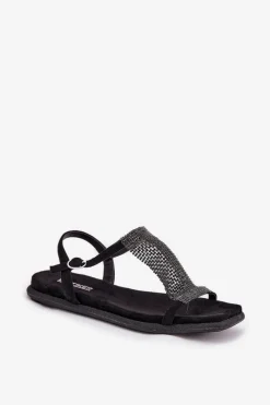 Clearance Płaskie Eleganckie Sandały Damskie Z Kryształkami 56C1370 Czarne Damskie Sandały Płaskie