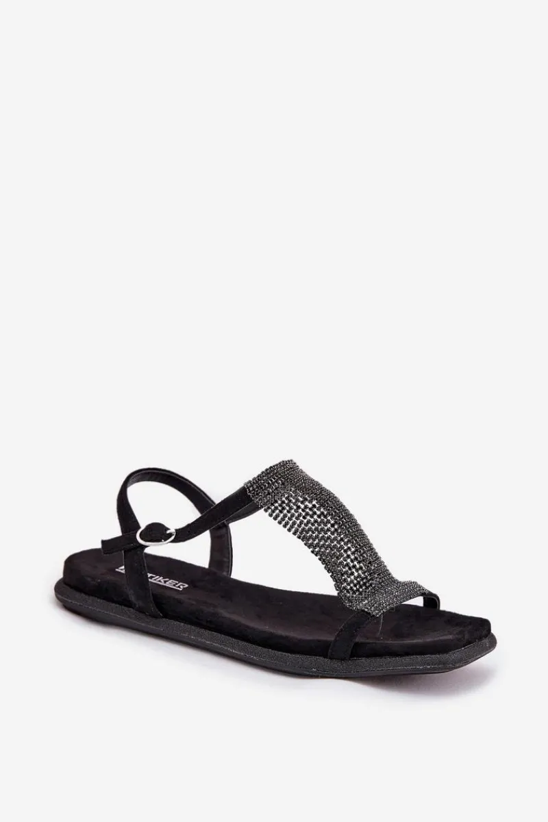 Clearance Płaskie Eleganckie Sandały Damskie Z Kryształkami 56C1370 Czarne Damskie Sandały Płaskie