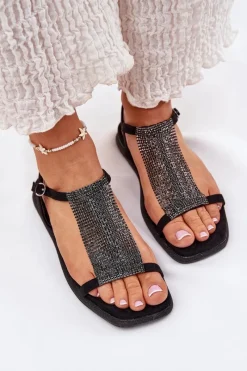 Clearance Płaskie Eleganckie Sandały Damskie Z Kryształkami 56C1370 Czarne Damskie Sandały Płaskie