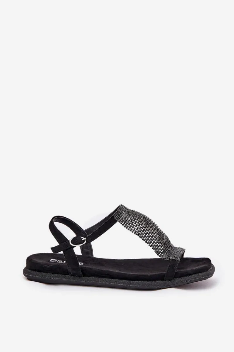 Clearance Płaskie Eleganckie Sandały Damskie Z Kryształkami 56C1370 Czarne Damskie Sandały Płaskie