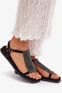 Clearance Płaskie Eleganckie Sandały Damskie Z Kryształkami 56C1370 Czarne Damskie Sandały Płaskie