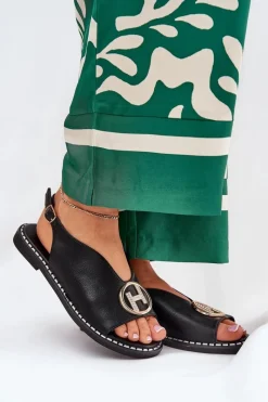 New Płaskie Eleganckie Sandały Z Ozdobą Czarne Iseliria Damskie Sandały Płaskie