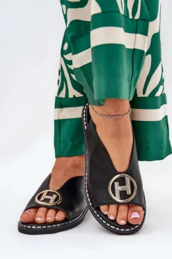 New Płaskie Eleganckie Sandały Z Ozdobą Czarne Iseliria Damskie Sandały Płaskie