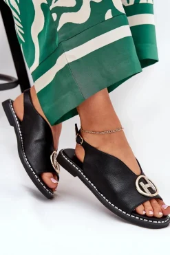 New Płaskie Eleganckie Sandały Z Ozdobą Czarne Iseliria Damskie Sandały Płaskie