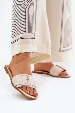 Discount Płaskie Klapki Damskie Eko Skórzane Z Klamrą Beżowe Bamma Damskie Klapki Damskie Klasyczne