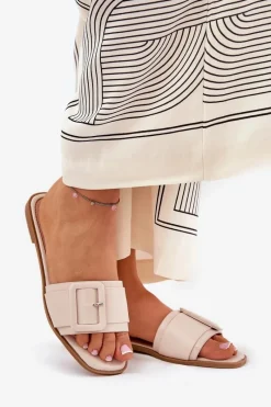 Discount Płaskie Klapki Damskie Eko Skórzane Z Klamrą Beżowe Bamma Damskie Klapki Damskie Klasyczne