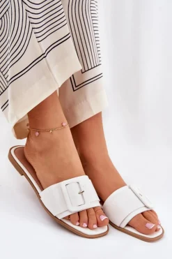 Hot Boto Płaskie Klapki Damskie Eko Skórzane Z Klamrą Białe Bamma