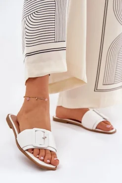 Hot Boto Płaskie Klapki Damskie Eko Skórzane Z Klamrą Białe Bamma