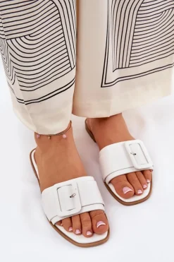 Hot Boto Płaskie Klapki Damskie Eko Skórzane Z Klamrą Białe Bamma