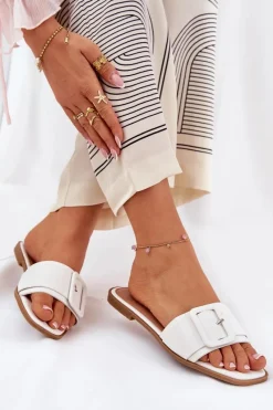 Hot Boto Płaskie Klapki Damskie Eko Skórzane Z Klamrą Białe Bamma