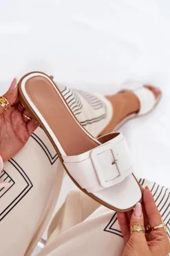 Hot Boto Płaskie Klapki Damskie Eko Skórzane Z Klamrą Białe Bamma