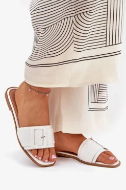 Hot Boto Płaskie Klapki Damskie Eko Skórzane Z Klamrą Białe Bamma