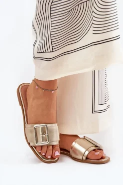 Clearance Płaskie Klapki Damskie Eko Skórzane Z Klamrą Złote Bamma Damskie Klapki Damskie Klasyczne