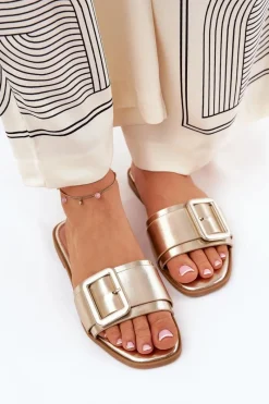 Clearance Płaskie Klapki Damskie Eko Skórzane Z Klamrą Złote Bamma Damskie Klapki Damskie Klasyczne