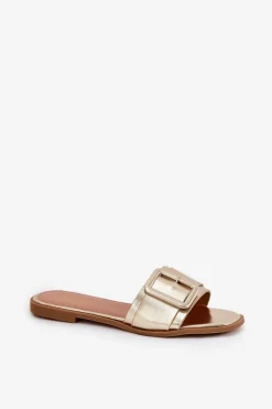 Clearance Płaskie Klapki Damskie Eko Skórzane Z Klamrą Złote Bamma Damskie Klapki Damskie Klasyczne