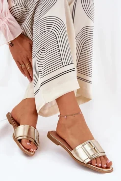 Clearance Płaskie Klapki Damskie Eko Skórzane Z Klamrą Złote Bamma Damskie Klapki Damskie Klasyczne