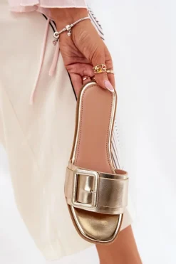 Clearance Płaskie Klapki Damskie Eko Skórzane Z Klamrą Złote Bamma Damskie Klapki Damskie Klasyczne