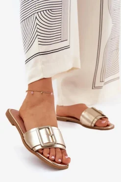 Clearance Płaskie Klapki Damskie Eko Skórzane Z Klamrą Złote Bamma Damskie Klapki Damskie Klasyczne