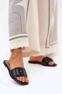 Klapki Damskie Klasyczne>Boto Płaskie Klapki Damskie Eko Skórzane Z Klamrą Czarne Bamma