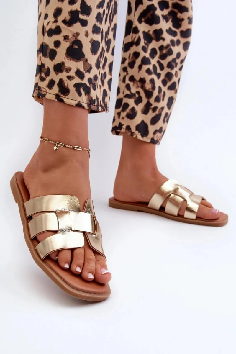 Best Płaskie Klapki Damskie Z Eko Skóry Złote Risamay Damskie Klapki Damskie Klasyczne