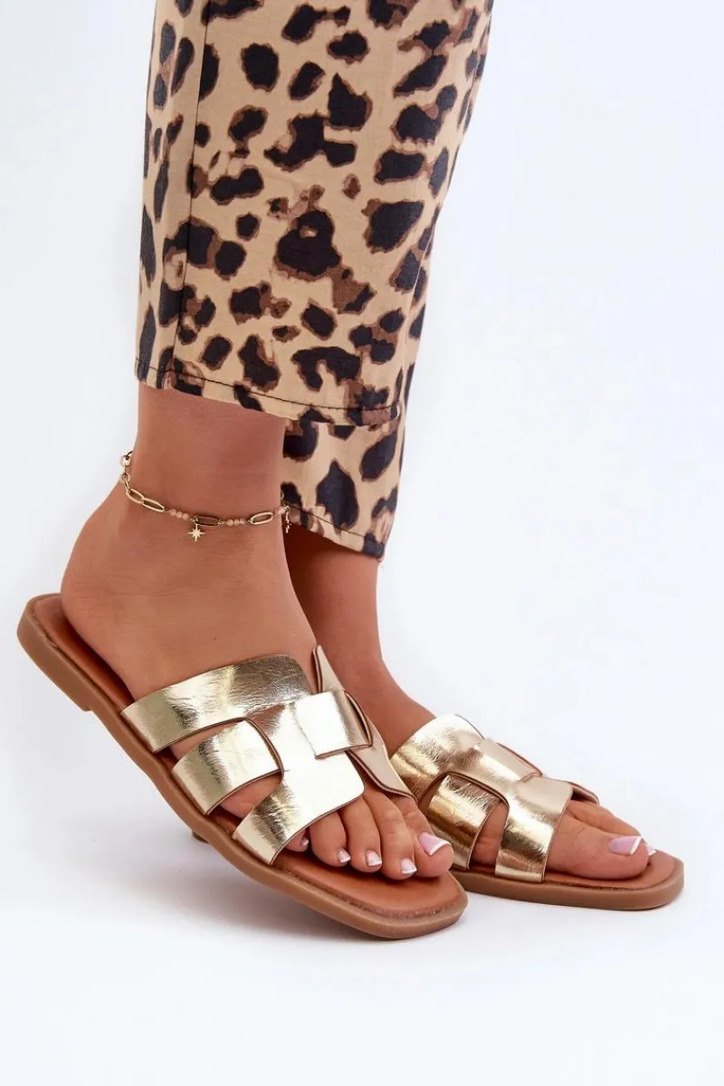 Best Płaskie Klapki Damskie Z Eko Skóry Złote Risamay Damskie Klapki Damskie Klasyczne