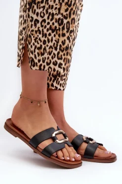 Online Płaskie Klapki Damskie Z Eko Skóry Sergio Leone SK077H Czarne Damskie Klapki Damskie Klasyczne