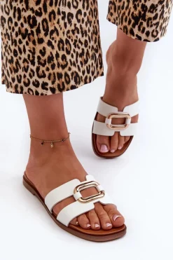 Best Buty Sergio Leone Płaskie Klapki Damskie Z Eko Skóry Sergio Leone SK077H Białe