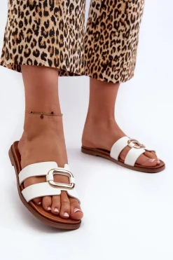 Best Buty Sergio Leone Płaskie Klapki Damskie Z Eko Skóry Sergio Leone SK077H Białe