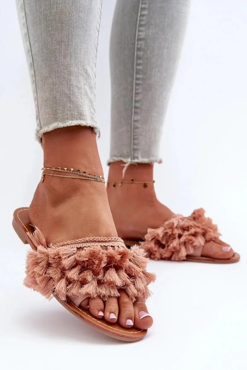 Klapki Damskie Klasyczne>Boto Płaskie Klapki Damskie Z Frędzlami Brudny Róż Rialle Różowy