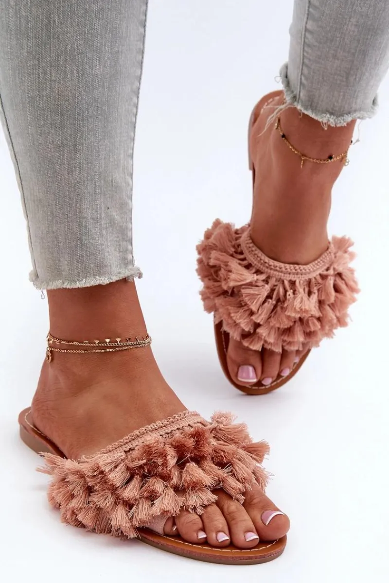 Klapki Damskie Klasyczne>Boto Płaskie Klapki Damskie Z Frędzlami Brudny Róż Rialle Różowy