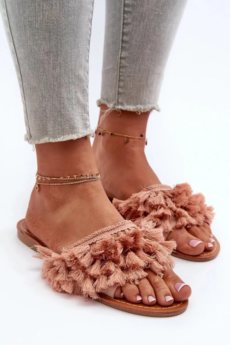 Klapki Damskie Klasyczne>Boto Płaskie Klapki Damskie Z Frędzlami Brudny Róż Rialle Różowy