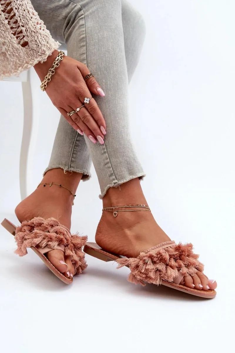 Klapki Damskie Klasyczne>Boto Płaskie Klapki Damskie Z Frędzlami Brudny Róż Rialle Różowy