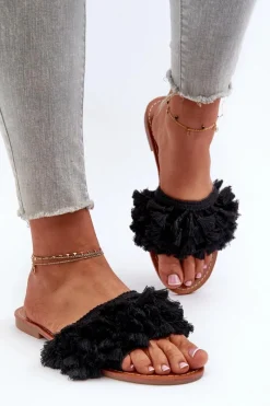 Best Boto Płaskie Klapki Damskie Z Frędzlami Czarne Rialle Czarny