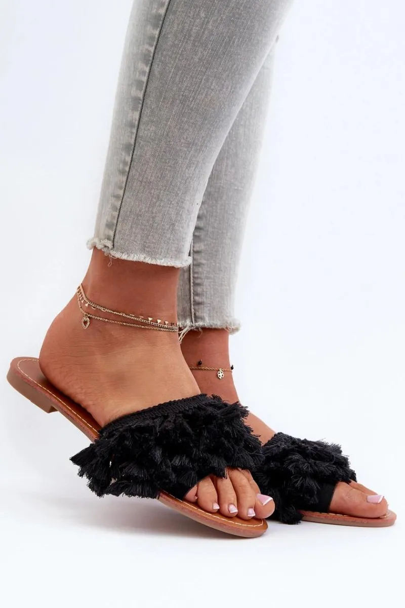 Best Boto Płaskie Klapki Damskie Z Frędzlami Czarne Rialle Czarny